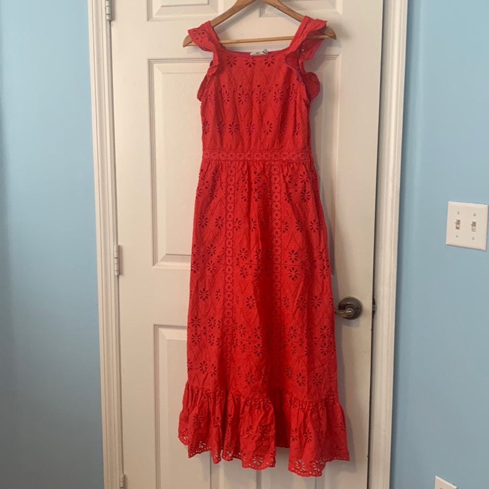 Vineyard Vines Coral Red Eyelet Ruffle Maxi Dress